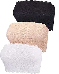 SPIRIT BEAUTY 3 Pieces Women's Floral Lace Tube Top Bandeau Strapless Bras Seamless Stretchy Chest Wrap (Black, Beige,White)-thumb1