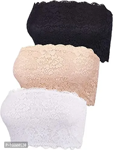 SPIRIT BEAUTY 3 Pieces Women's Floral Lace Tube Top Bandeau Strapless Bras Seamless Stretchy Chest Wrap (Black, Beige,White)-thumb2