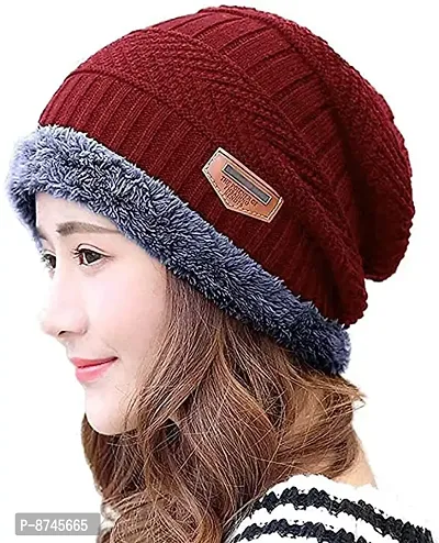 Mens and Womens Snow Proof Woolen Cap Inside Fur Warm Winter Soft Beanie Cap-thumb0