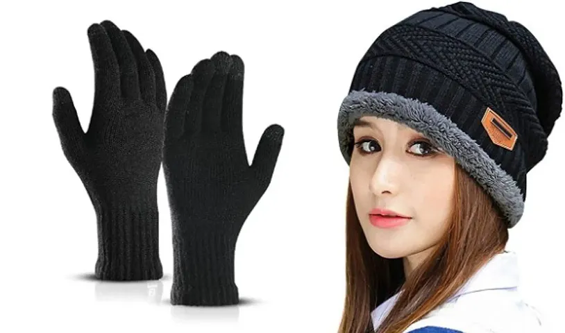 Mens and Womens Snow Proof Woolen Cap Inside Fur and Gloves