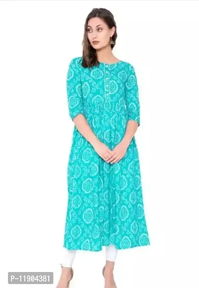 Stylish Cotton Sea Blue 3/4 Sleeves Printed Kurta For Women-thumb0