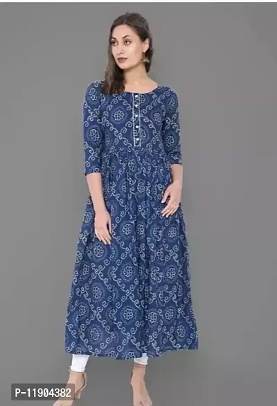 Stylish Cotton Navy Blue 3/4 Sleeves Printed Kurta For Women