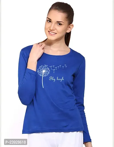 Elegant Blue Cotton Blend Printed Full Sleeve Tshirt For Women-thumb0