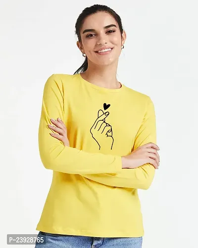 Elegant Yellow Cotton Blend Printed Full Sleeve Tshirt For Women-thumb0