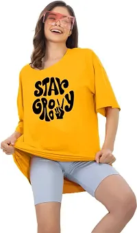 Elegant Yellow Cotton Blend Printed Tshirt For Women-thumb1