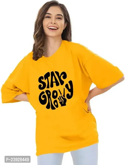 Elegant Yellow Cotton Blend Printed Tshirt For Women-thumb0