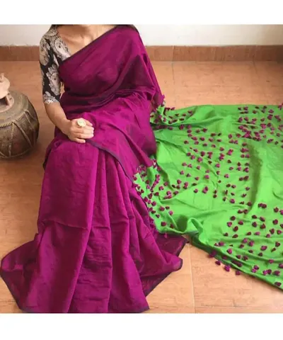 Stylish Silk pompom Saree with Blouse piece