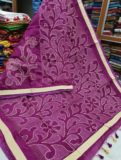 Women's Silk Kantha Stitch Saree with Blouse Piece