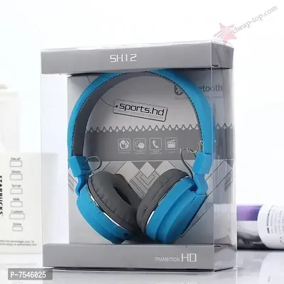 SH-12 Sports-HD Wireless/Bluetooth Headphone Crystal Clear Sound Deep Bass Support FM and SD Card Slot with Music and Calling Controls Adjustable Pads for Small and Big Head (Blue)