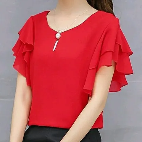 Vivient Women Ruffle Sleeve Neck Button Top