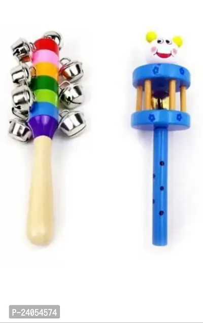 Colorful Wooden Rainbow baby Handle Jingle Bell Rattle Toys cage rattle and 10 bell rattle Rattle (Multicolor) pack of 2