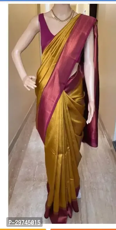 Elegant Yellow Silk Blend Saree with Blouse piece For Women-thumb0