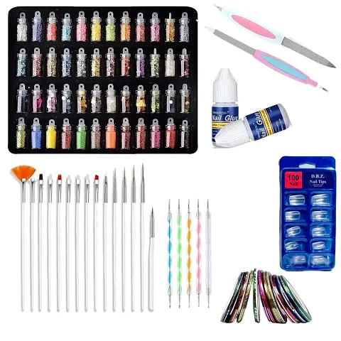 Nail Art Kit with , 100 Nails,15 Pcs Nail Art Brush,5 pcs Nail Dotting Tools,48 Pcs 3D Nail glitter bottles, 5 Round Nail Tapes,2 Nail Glue  2 Pc Nail Filer