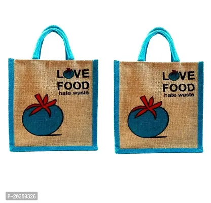 Gresspor Blue Color Pack of 2 Eco-Friendly 14 Inch by 16 Inch Jute Bag with Zip Closure | Tote Lunch Bag | Grocery Bag| Multipurpose Bag