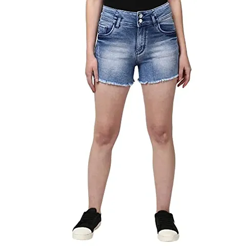 VMart Women Solid Cotton Polyester Knitted Denim Shorts