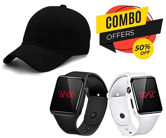 Digital Watch Combo + Stylish Cap (Pack of 3) BUY 2 GET 1 FREE, Combo Offer Most Selling Latest Trending Sports/Regular Cap Baseball Caps Stylish Adjustable Cap for Men Women Best Classy