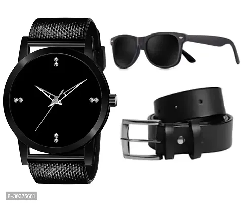 Classy Wrist Watch + Black Square Sunglass + Leather Belt (Pack of 3)