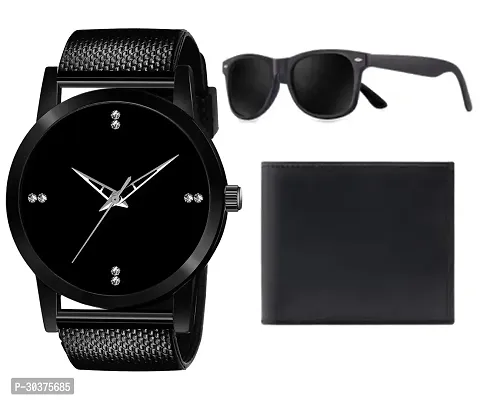 Classy Wrist Watch + Black Square Sunglass + Leather Wallet (Pack of 3)