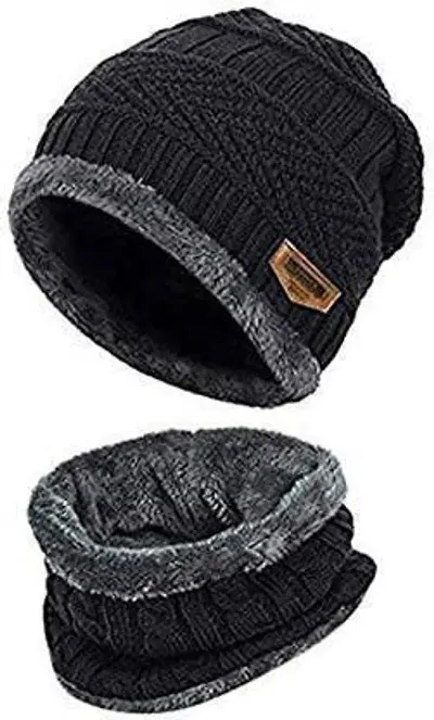 DAVIDSON 2-Pieces Winter Beanie Hat Scarf Set Warm Knit Hat Thick Fleece Lined Winter Hat & Scarf for Men Women