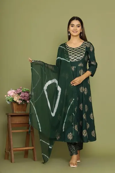 Attractive Rayon Printed Kurta, Bottom and Dupatta Set