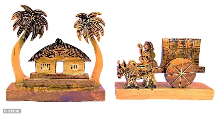 Himalayan Crafts Wooden Decorative Showpiece Hut & Bullock Cart Pack of 2