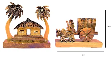 Himalayan Crafts Wooden Decorative Showpiece Hut & Bullock Cart Pack of 2-thumb1