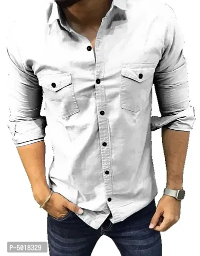 Stylish White Solid Cotton Long Sleeves Casual Shirt For Men-thumb0