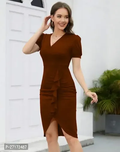 Stylish Brown Lycra Solid Bodycon Dress For Women