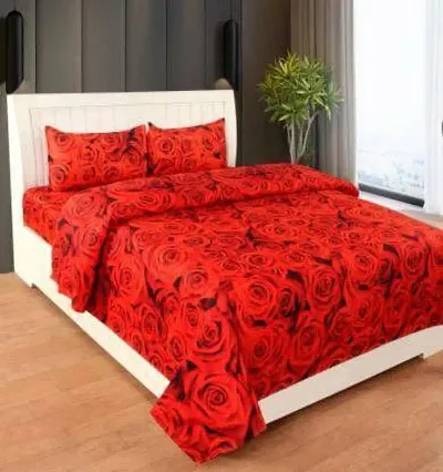 Cotton Villas 3D Red Rose Printed Bedsheet for Double Bed with 2 Pillow Cover Microfiber and Cotton Mix Color White (88 X 88 inch )