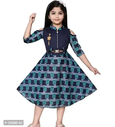 Beautiful Blue Cotton Blend Self Pattern Frocks For Girl-thumb0