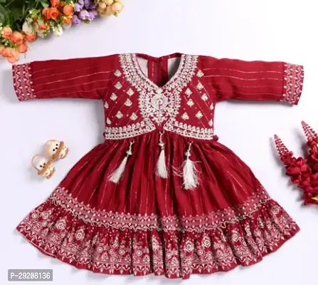 Beautiful Maroon Cotton Blend Self Pattern Frocks For Girl