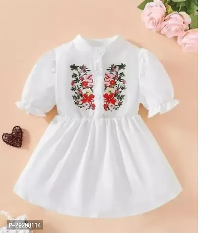 Beautiful White Cotton Blend Self Pattern Frocks For Girl-thumb0