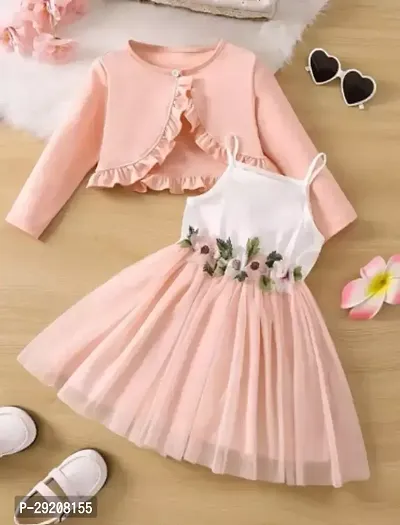 Beautiful Peach Cotton Blend Self Pattern Frocks For Girl