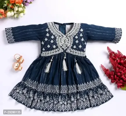 Beautiful Navy Blue Cotton Blend Self Pattern Frocks For Girl-thumb0