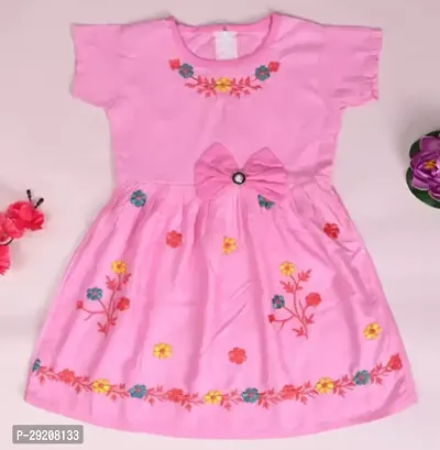 Beautiful Pink Cotton Blend Self Pattern Frocks For Girl-thumb0