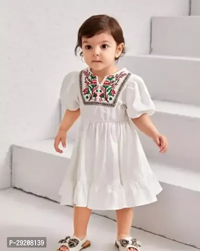 Beautiful White Cotton Blend Self Pattern Frocks For Girl