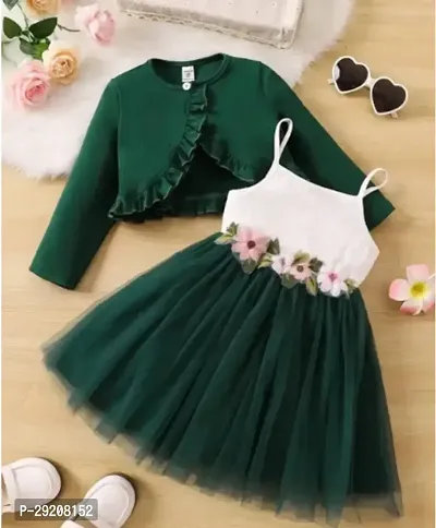 Beautiful Green Cotton Blend Self Pattern Frocks For Girl