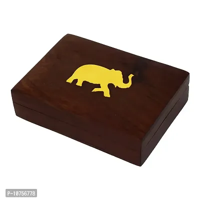 Hashcart Elephant Shape Brass Inlay Wooden Decorations Box Rectangular Case Double Playing Cards Set Holder - Brown, 11.43 cm x 8.128 cm x 3.04 cm-thumb0