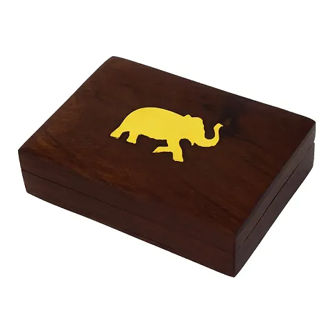 Hashcart Elephant Shape Brass Inlay Wooden Decorations Box Rectangular Case Double Playing Cards Set Holder - Brown, 11.43 cm x 8.128 cm x 3.04 cm