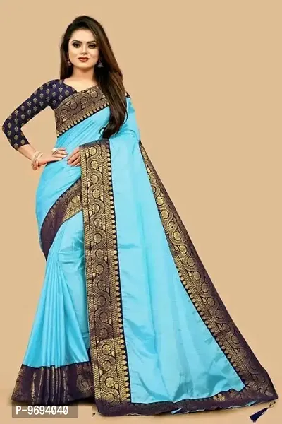 Alluring Sky Blue Satin Lace Border Saree with Blouse Piece For Women