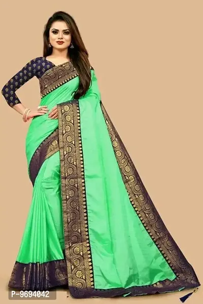 Alluring Green Satin Lace Border Saree with Blouse Piece For Women