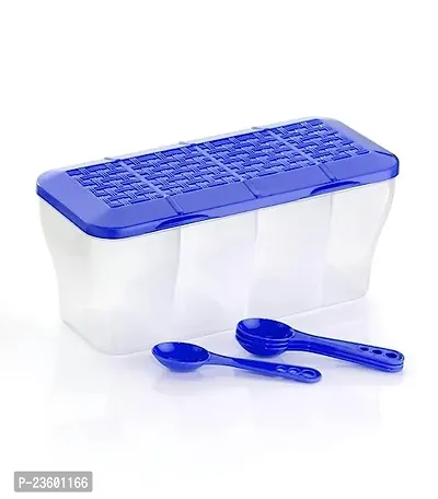 Multipurpose Plastic 4 In 1 Masala Box for Kitchen, Transparent Pickel Box, 4 Compartment Storage Container Airtight For Cereal, Dry Fruits Dabba1800 Ml with 4 Spoons (Blue)