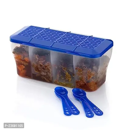 Multipurpose Plastic 4 In 1 Masala Box for Kitchen, Transparent Pickel Box, 4 Compartment Storage Container Airtight For Cereal, Dry Fruits Dabba1800 Ml with 4 Spoons (Blue)-thumb2