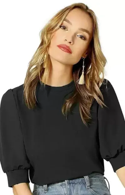 Trendy Solid High Neck Top with Puff Sleeve