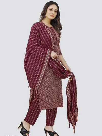 Stylish Cotton Blend Jacquard Kurta Pant Dupatta Set