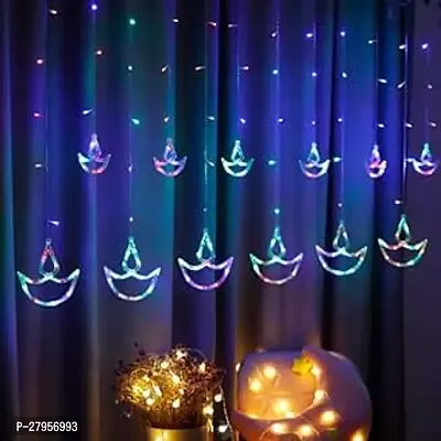 Diwali Decor Light 12 Diya 138 LED Glass Window Curtain String Lights with 8 Flashing Modes Multi Color 6+6 Diyas-thumb0