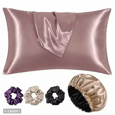 Satin Bonnet for Curly Hair with Silk Satin Pillow Covers and Scrunchies   Silk Bonnet for Hair Best Gift Combo of Pack of 2 Satin Pillowcases 3 Silk crunchies Adjustable HairCap-thumb0
