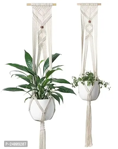 Premium Quality Macrame Plant Hanger Indoor Outdoor Hanging Planter With Bead Wall Art Home Decor 46 Inches, Ivory - Set Of 2-thumb0
