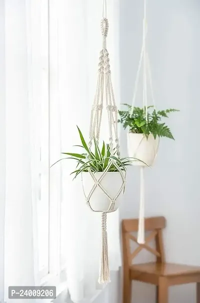 Premium Quality Macrame Plant Hanger Indoor Outdoor Hanging Planter With Bead Wall Art Home Decor 41 Inches  46 Inches, Ivory - Set Of 2-thumb0