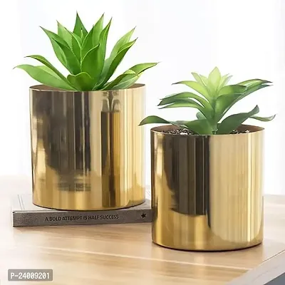 Premium Quality Handcrafted Shiny Brass Tone Metal Plant Pot Flower Vase, Decorative Indoor Table Planter Container, Set Of 2